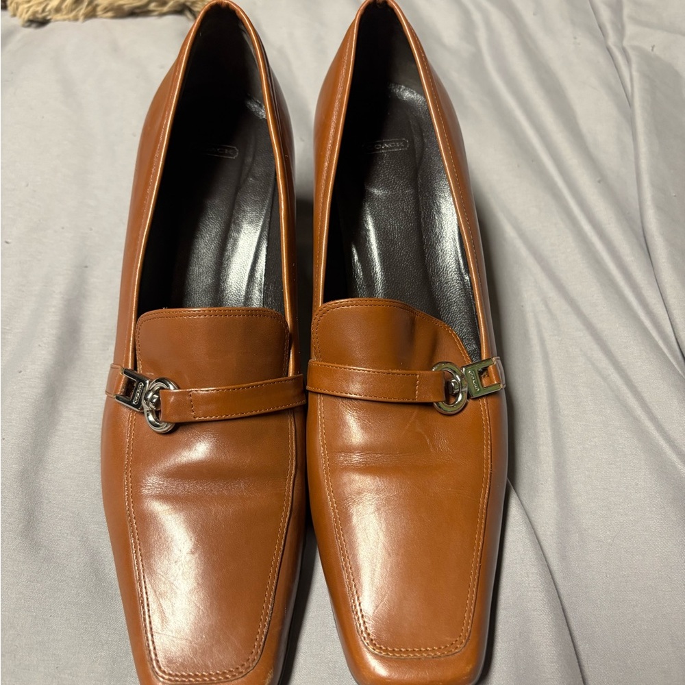 Coach Tan Heeled Leather Loafers with Silver Buckle